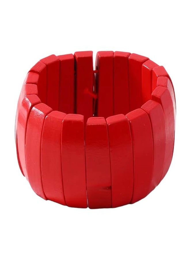 QRH Red Bohemian Wooden Beads Stretch Bracelet Multi-colored Wide Chunky Bangle Bracelets Red Wooden Beads Wristband Elastic Bangle Coconut Shell Bracelets Jewelry - Image 1